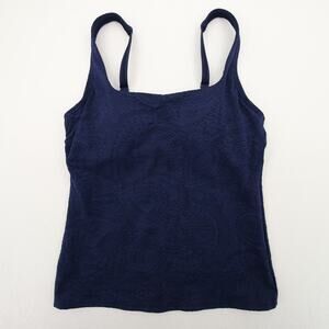 Lands End Tankini Top Navy Blue Paisley Textured Built In Bra Underwire Size 2